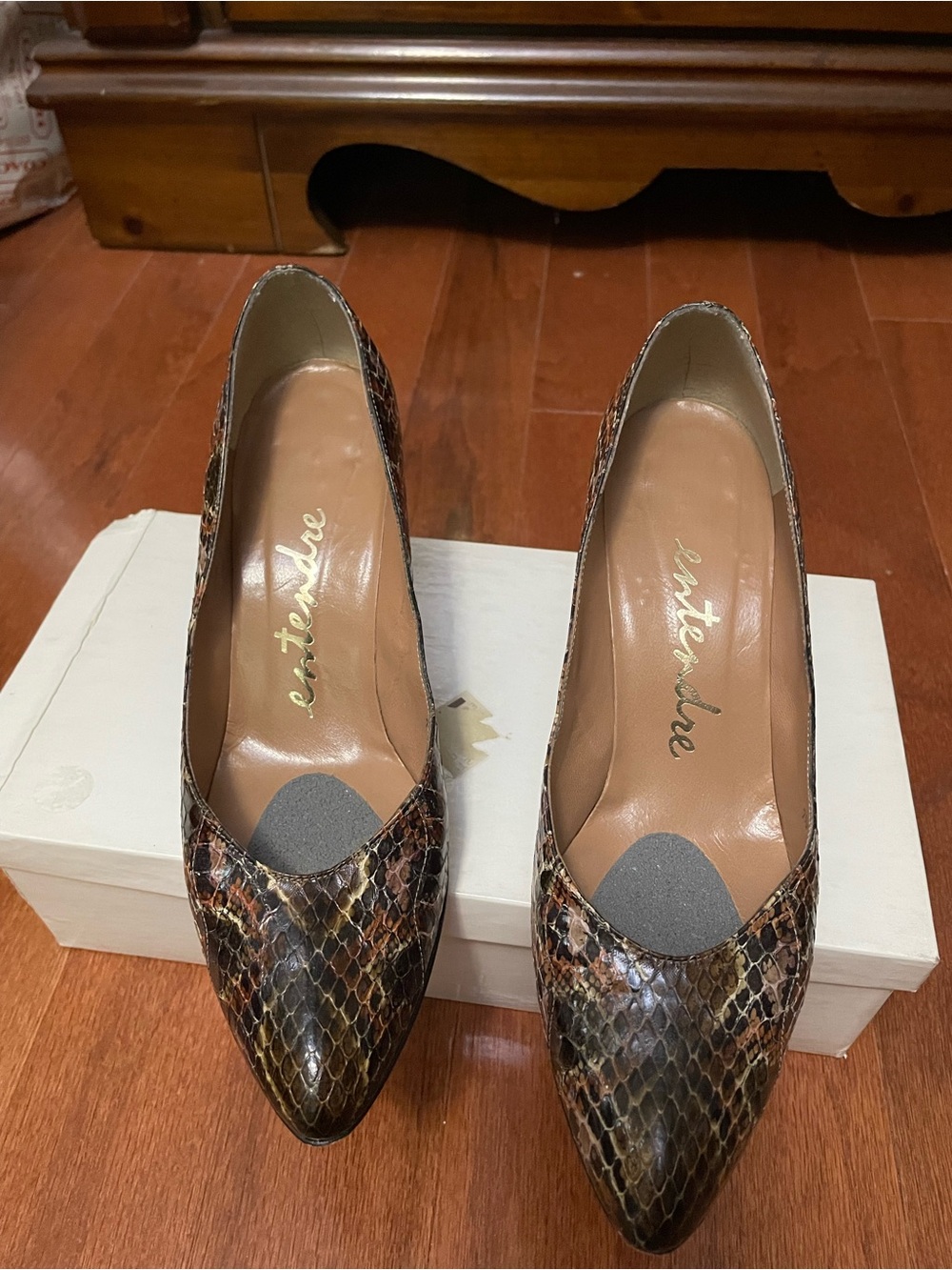 Snake-Print Pointed Toe Pumps in Brown